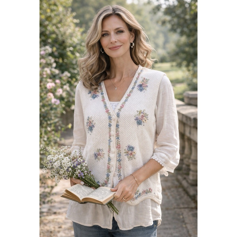 Vtg Studio Vest Womens XL Floral Embroidered Knit Cottagecore Boho Nostalgic